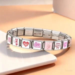 RENSINO Cross border Valentine’s Day Element LOVE Series Italian Module Heart Heart Square Pattern Stainless Steel Bracelet