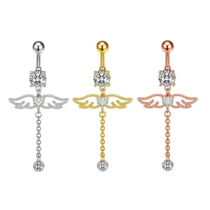 RENSINO Crystal Diamond Angel Wing Bow Dangle Navel Ring Stainless Steel Long Tassel Belly Button Ring Piercing Jewelry