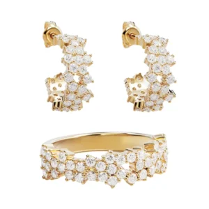RENSINO Crystal Dust Hoops Gold Plated Earrings Sterling Silver Base Cubic Zirconia Scattered Design CLuster Ring&earring Set