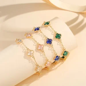 RENSINO Crystal Four Leaf Clover Five Leaf Flower Rhinestone Channel Set Gold Plated Zinc Alloy Trendy Women’s Bracelet Gift Fashion