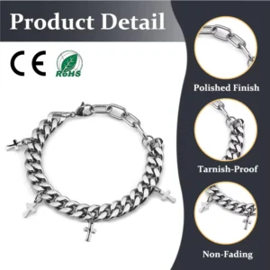 RENSINO Cuban Hip hop Cool Style Niche Fashion Men’s Stainless Steel Silver Hypoallergenic Small Cross Bracelet