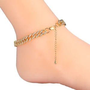 RENSINO Cuban Link Foot Jewelry Fashion Diamond Anklet with Gold Plated Brass and Crystal Stylish Anklet Jewelry