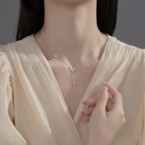 RENSINO Cubic Zircon Butterfly Pendant with Tassel Chain 925 Sterling Silver Necklace for Women