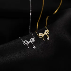 RENSINO Cubic Zirconia Bow Pendant Dainty 925 Sterling Silver Charm Necklaces Fine Jewelry Women