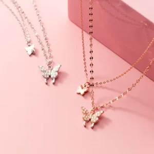 RENSINO Cubic Zirconia Butterfly Pendant Rose Gold Plated Double Layered Chain 925 Sterling Silver Necklaces Fashion Jewelry for Women