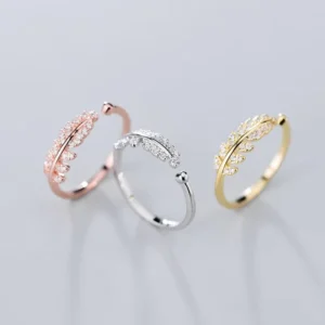 RENSINO Cubic Zirconia Leaf Shape Adjustable Open Rose Gold Plated 925 Sterling Silver Rings for Women