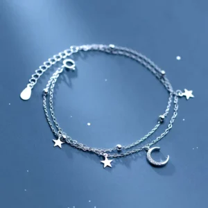 RENSINO Cubic Zirconia Moon Star Shape Statement Double Layer Chain Charm 925 Sterling Silver Bracelets Fashion Jewelry for Women