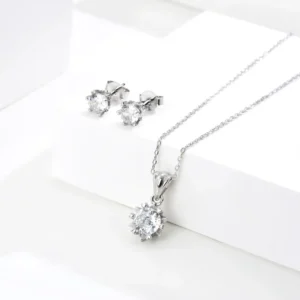 RENSINO Cubic Zirconia Women’s 925 Sterling Silver Low Allergy Platinum Plated Jewelry CZ Pendant Necklace Earrings Ear Nail Set