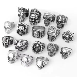 RENSINO Custom 3D Casting Way Heart Skeleton Skull Ring Vintage Stainless Steel Punk Biker Finger Ring For Men