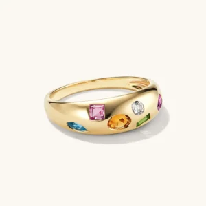 RENSINO Custom 925 Silver Fine Jewelry Korean Ring Fashion Vintage Rainbow Colored Bezel Zircon Chunky Dome Rings for Girls
