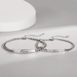 RENSINO Custom 925 Sterling Silver Couple Engrave Chain Bracelet Adjustable Size
