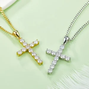 RENSINO Custom 925 Sterling Silver Cross Pendant Necklace Gold Plated Moissanite Hip Hop & Rock Religious Symbol for Men & Women