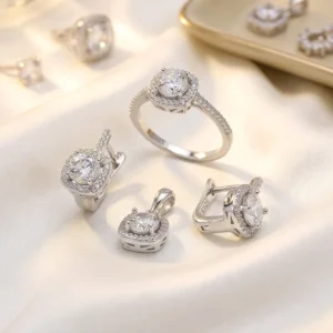 RENSINO Custom 925 Sterling Silver Moissanite Three Pieces Jewelry Set Cushion Halo Engagement Ring Earring Pendant for Women