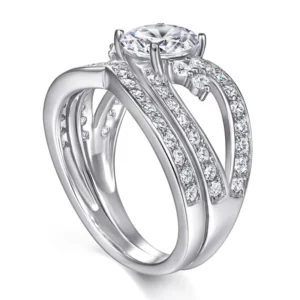 RENSINO Custom 925 Sterling Silver Set Wedding Ring 18K Gold Plated with Round Brilliant Cut Zircon Moissanite Gemstone for Engagement