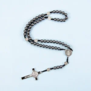 RENSINO Custom Black Hematite Beads Cording Rosary Black Gemstone Necklace Antique Silver Plated Cross Catholic Religious Prayer Jewelry