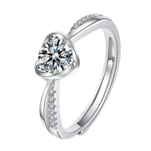 RENSINO Custom Brand Unique Fine Jewelry 925 Silver VVS Moissanite Open Adjustable 925 Silver Heart Rings for Women Wedding Ring