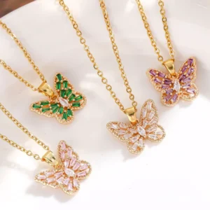 RENSINO Custom Butterfly Necklace Small MOQ Stainless Steel Jewelry Colorful Crystal Pendant Necklace Ready to Ship