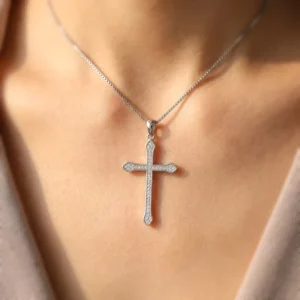 RENSINO Custom Christian Cross God Pendant Charm Rhodium Plated Cubic Zirconia Round Brilliant Cut Sterling Silver Unisex Fine Jewelry