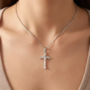 RENSINO Custom Christian Cross God Pendant Charm with Brilliant Cut Cubic Zirconia Rhodium Plated Sterling Silver Unisex Fine Jewelry