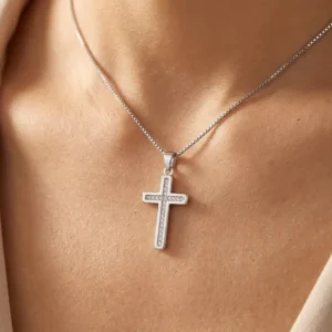 RENSINO Custom Christian Cross God Pendant Charm with Brilliant Cut Cubic Zirconia Rhodium Plated Sterling Silver Unisex Fine Jewelry