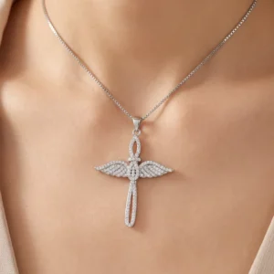 RENSINO Christian God Cross Wings Pendant Rhodium Plated Cubic Zirconia 925 Sterling Silver Unisex Fine Jewelry