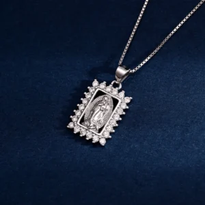 RENSINO Custom Christian Unisex Pendant Jewelry Rhodium Plated Cubic Zirconia Virgin Mary Charm Sterling Silver Fine Jewelry