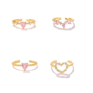 RENSINO Custom Crystal Adjustable Ring Charming Pink Geometric Chrome Heart Dainty Pure Silver 925 Engagement Ring for Women Fast