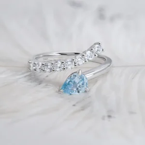 RENSINO Custom Dainty Minimalist Open Ocean Blue Gemstone Pear Zirconia Sterling Silver 925 Ring For Wedding Party