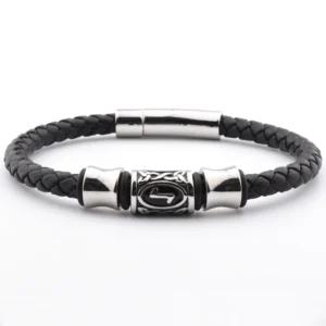 RENSINO Custom Design Trendy Men’s 316L Stainless Steel Charm Bead Black Engraved Genuine Leather Nickel-Free Wedding Bracelet