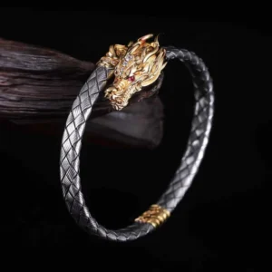 RENSINO Custom Dragon Head Clasp Woven Bracelet for Men Vintage Chinese Style Luxury Cuff Bangle Accessories Jewelry for Party Gift