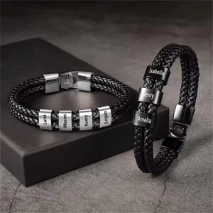 RENSINO Custom Engraved Double Layer Leather Stainless Steel Bead Bracelet Men Unisex Bracelet