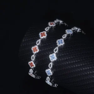 RENSINO Custom Fashion 925 Silver Lab Diamond Zircon Four-leaf Clover Tennis Sterling Bracelet