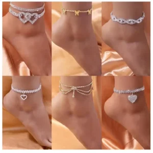 RENSINO Custom Fashion Gold Initial Cross Anklets Hearts Full Diamond Pendants Anklets for Women