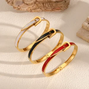RENSINO Custom Fashion Horseshoe Buckle 18k Gold Stainless Steel White Black Enamel Bangles Bracelet Jewelry for Women