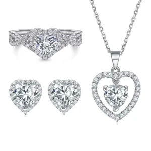 RENSINO Custom Fine CZ Jewellery Sets Pure 925 Sterling Silver Set Double Row Heart Zircon Bridal Weeding Jewelry Set