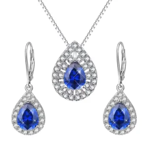 RENSINO Custom Fine Silver Jewelry Sets Luxury Blue Pear Cut Cubic Zircon 3 Piece Bridal Jewellery Set