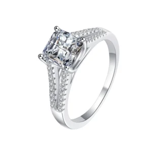 RENSINO Custom Gold Plated 925 Sterling Silver Women’s Wedding Anniversary Ring 7mm VVS D Color Princess Cut Moissanite Prong Setting
