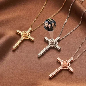 RENSINO Custom Gold Plated Cross Necklace with Hidden Photo Projection Thoughtful Christian Memorial Faith Jewelry for Mom and Grandma