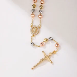RENSINO Custom Gold Plated Rosary Necklace with Crucifix Cross Religious Catholic Jewelry Featuring Zircon for Anniversary