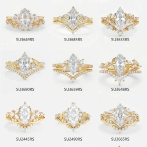 RENSINO Custom Gold Silver D VVS1 Moissanite Diamond Jewelry Marquise Diamond Bridal Ring Set with Natural Inspired