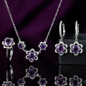 RENSINO Custom High Quality 925 Sterling Silver Natural Stone Amethyst Necklace Earrings Ring Jewelry Set for Wedding & Gift
