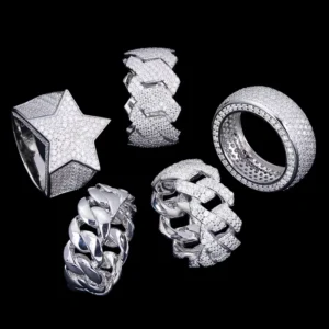 RENSINO Custom Hip Hop Crushed Iced Out Fine Jewelry 925 Sterling Silver Cuban Diamond Mossanite Moissanite Rings Cosplay Man Ring Sets