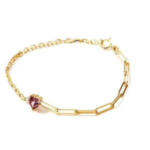 RENSINO Custom Jewelry 925 Silver Classic Style Cable Chain Link Heart cut Rhodolite Charm Red CZ Stone Bracelet for Girls Women