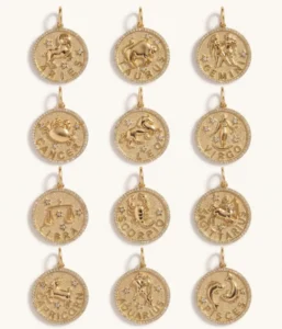 RENSINO Custom Jewelry Brass Zodiac Coin Pendant Necklace Gold Plated Cubic Zirconia Round Charm Personalized Medallion Necklace