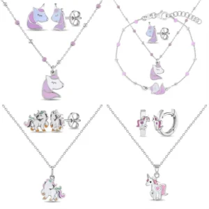 RENSINO Custom Jewelry Cute Kids Jewelry Set Girls Enamel Unicorn 925 Sterling Silver Necklace&Earrings Fine Jewelry Set for Kids