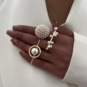 RENSINO Custom Jewelry Exaggerated Women Pearl Geometric Alloy Ring Fashion Women Party Bohemian Irregular Pearl Large Big Ring