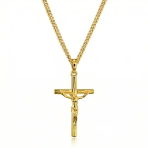 RENSINO Custom Jewelry Stainless Steel Jesus Cross Necklace Men Christian Pendant Waterproof Hypoallergenic Gold Chain Necklace
