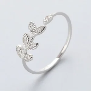 RENSINO Custom Leaves Jewelry Ring S925 Silver Adjustable Zircon Leaf Ring 925 Sterling Silver