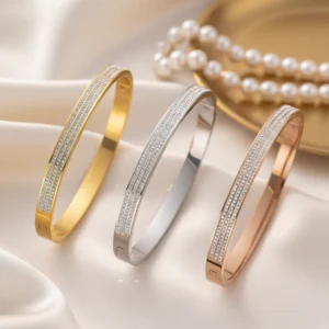 RENSINO Custom Logo Classic Stainless Steel Three Row Zircon Wide Cuff Bangle PVD Plated Tarnish Resistant Layered Lady Bracelet Jewelry