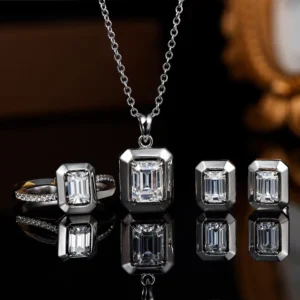 RENSINO Custom Luxury Rhodium Plated 925 Sterling Silver Emerald Cut Moissanite Women’s Jewelry Set with Certificates